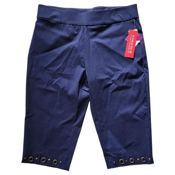 C.D. Petites Navy Pull-On Capri Pants LP Grommet Hem Stretch Cathy Daniels - Picture 1 of 5